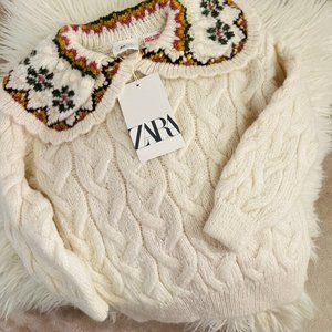 Zara Kids Girls Cable Knit Sweater with Peter Pan Collar, New With Tags
